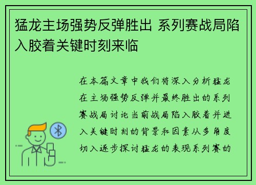 猛龙主场强势反弹胜出 系列赛战局陷入胶着关键时刻来临