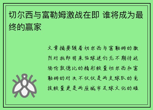 切尔西与富勒姆激战在即 谁将成为最终的赢家