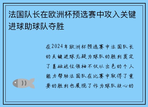 法国队长在欧洲杯预选赛中攻入关键进球助球队夺胜