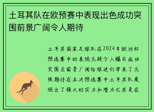 土耳其队在欧预赛中表现出色成功突围前景广阔令人期待