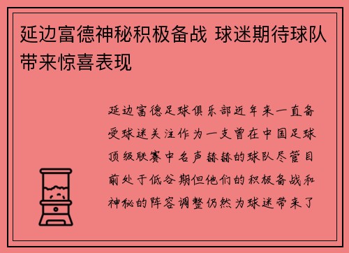 延边富德神秘积极备战 球迷期待球队带来惊喜表现