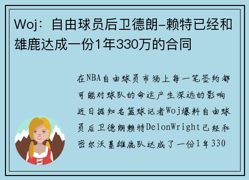 Woj：自由球员后卫德朗-赖特已经和雄鹿达成一份1年330万的合同