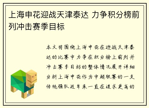 上海申花迎战天津泰达 力争积分榜前列冲击赛季目标