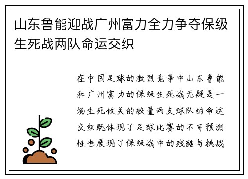 山东鲁能迎战广州富力全力争夺保级生死战两队命运交织