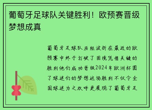 葡萄牙足球队关键胜利！欧预赛晋级梦想成真