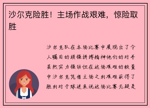 沙尔克险胜！主场作战艰难，惊险取胜