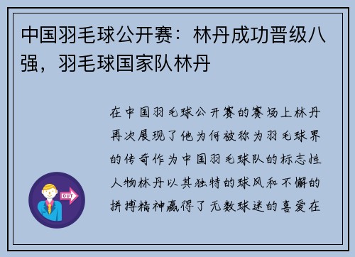 中国羽毛球公开赛：林丹成功晋级八强，羽毛球国家队林丹