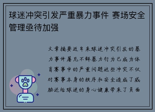 球迷冲突引发严重暴力事件 赛场安全管理亟待加强