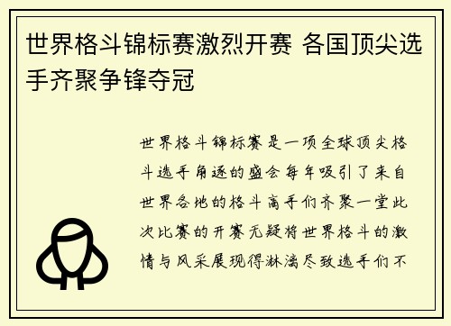 世界格斗锦标赛激烈开赛 各国顶尖选手齐聚争锋夺冠