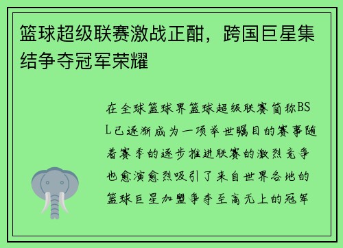 篮球超级联赛激战正酣，跨国巨星集结争夺冠军荣耀